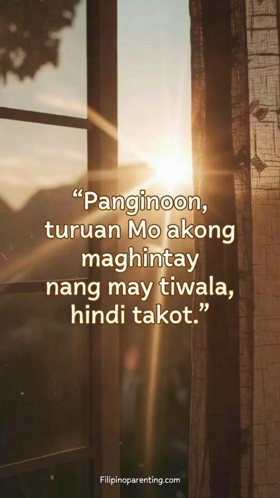 Tagalog Prayers for Trust and Patience: 5 Miraculous Truths for Calm A warm sunrise shining through a quiet window with the Tagalog prayer about waiting with trust.