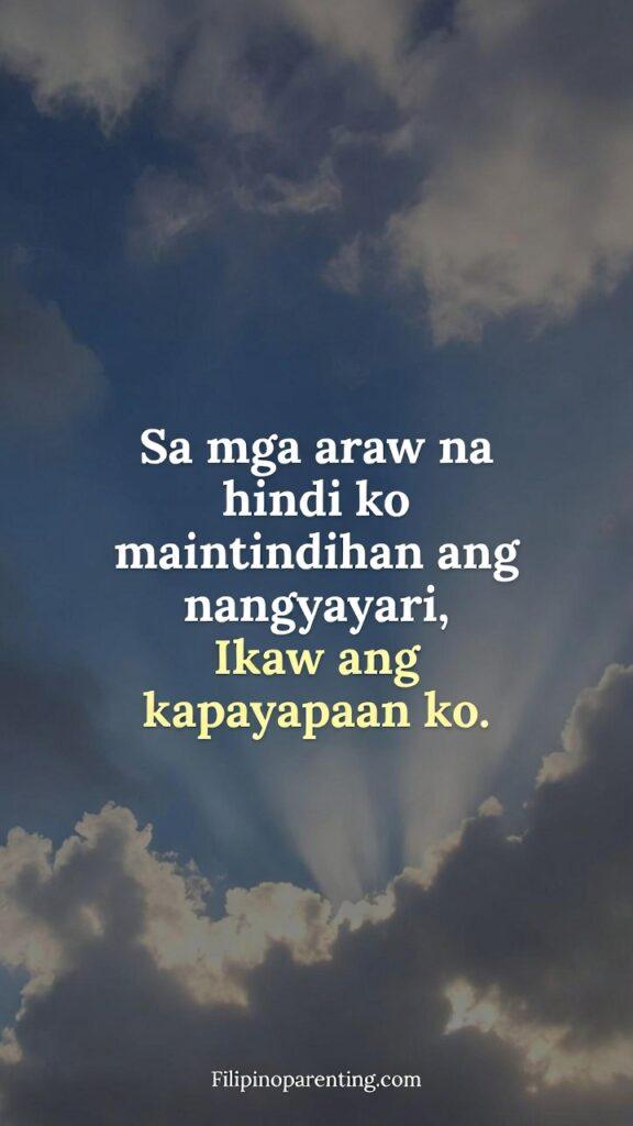 Tagalog Prayers for Trust and Patience: 5 Miraculous Truths for Calm Soft clouds with light breaking through, paired with a Tagalog prayer about finding peace in God.