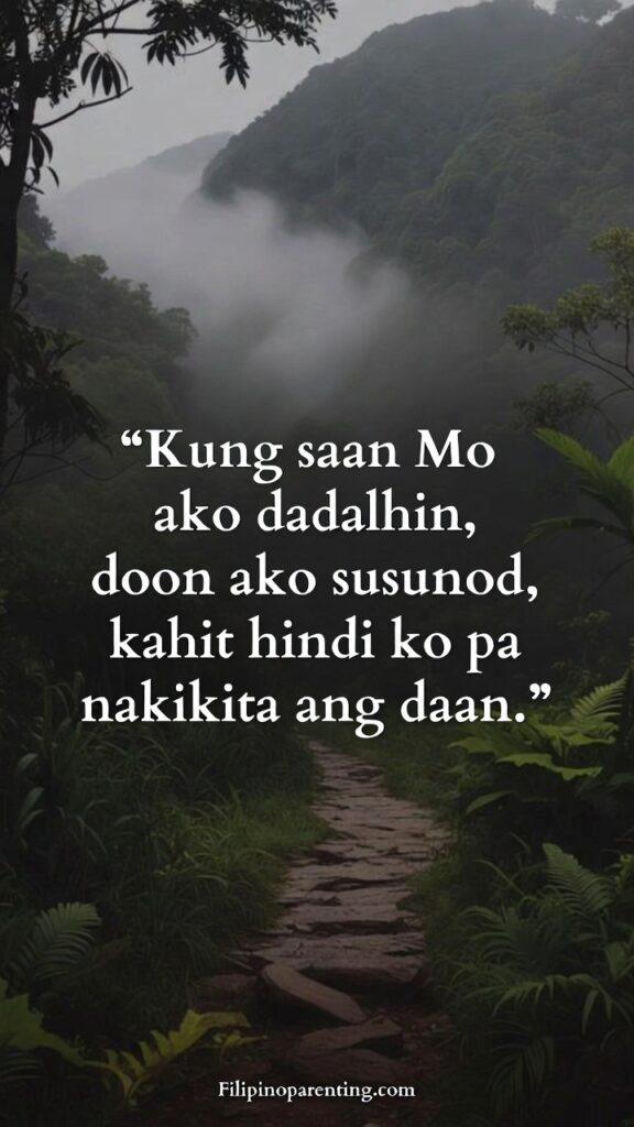 Tagalog Prayers for Trust and Patience: 5 Miraculous Truths for Calm A misty forest path with a Tagalog prayer about following God even without seeing the way.