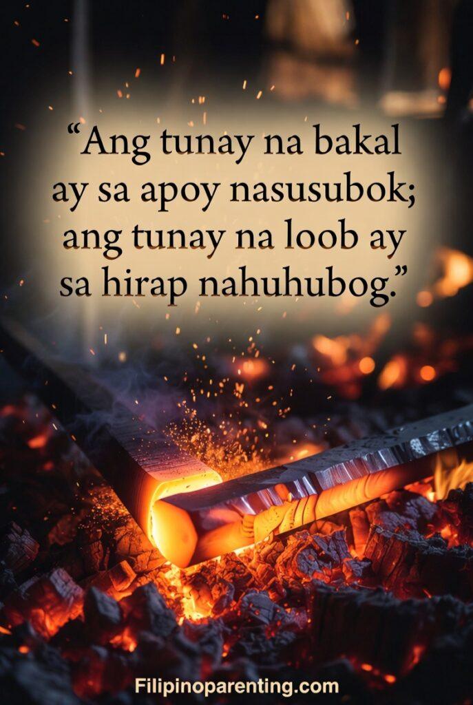 Tagalog Proverbs Building Inner Strength: 5 Unbreakable Truths A vertical poster showing steel being forged in fire with the Tagalog quote about strength shaped through hardship.
