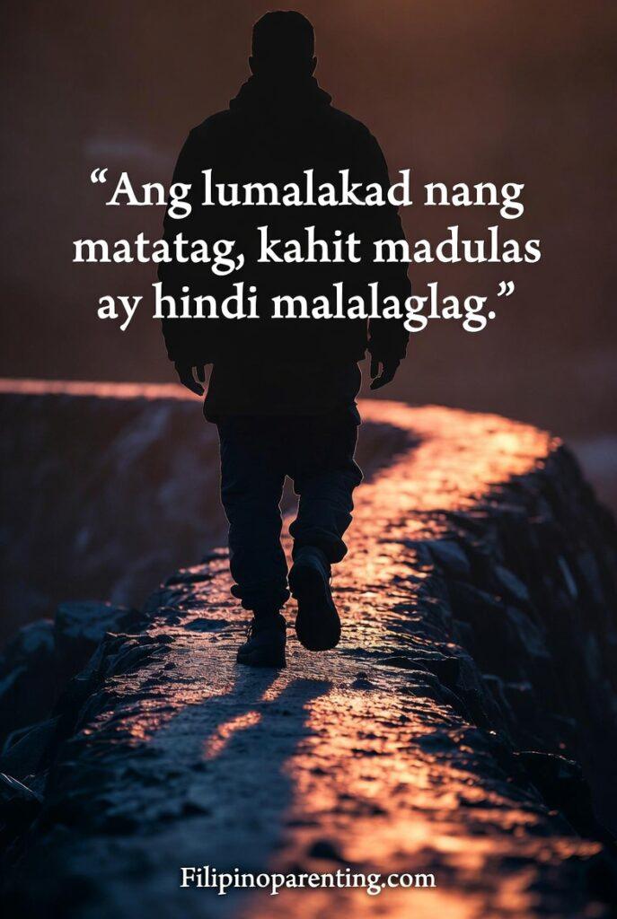 Tagalog Proverbs Building Inner Strength: 5 Unbreakable Truths A vertical image of a person walking steadily on a slippery path with a Tagalog proverb about firmness.