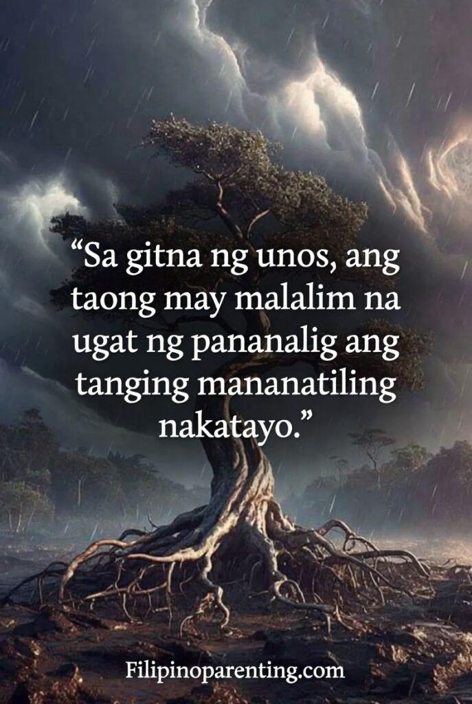 Tagalog Proverbs Building Inner Strength: 5 Unbreakable Truths A vertical image of a rooted tree standing strong in a storm with a Tagalog proverb about faith.