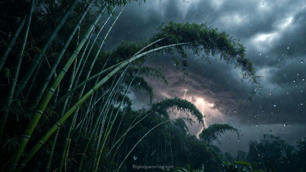 Tagalog Proverbs Building Inner Strength: 5 Unbreakable Truths Bamboo bending in a storm representing Tagalog Proverbs Building Inner Strength.