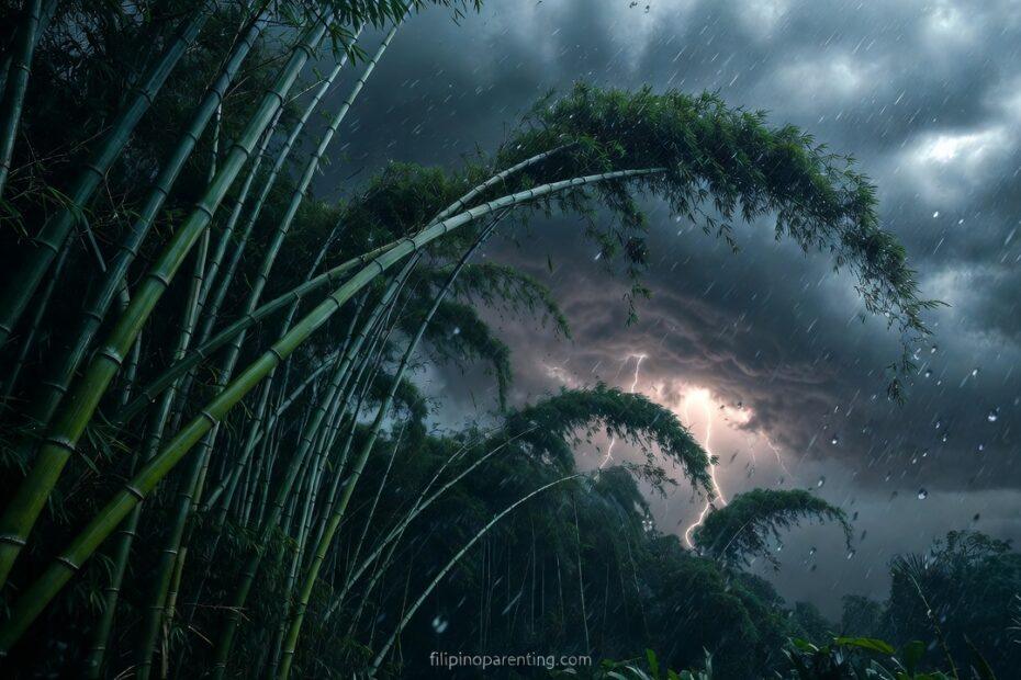 Bamboo bending in a storm representing Tagalog Proverbs Building Inner Strength.