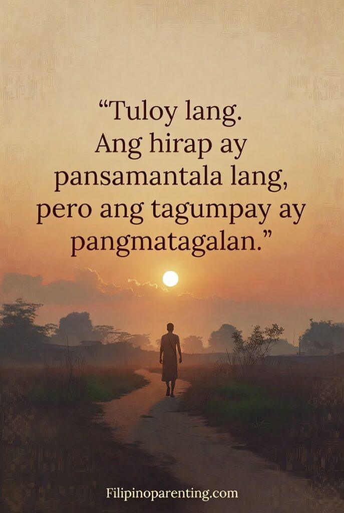 Tagalog Quotes About Determination: 5 Unstoppable Truths for Success A warm sunrise image of a Filipino figure walking on a rural path, symbolizing perseverance, with the Tagalog quote displayed.
