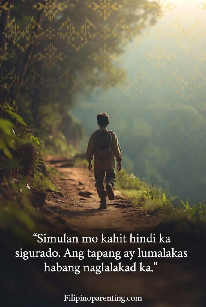 Tagalog Quotes About Determination: 5 Unstoppable Truths for Success A Filipino-themed image of someone taking their first step on a trail, with a Tagalog quote about courage.