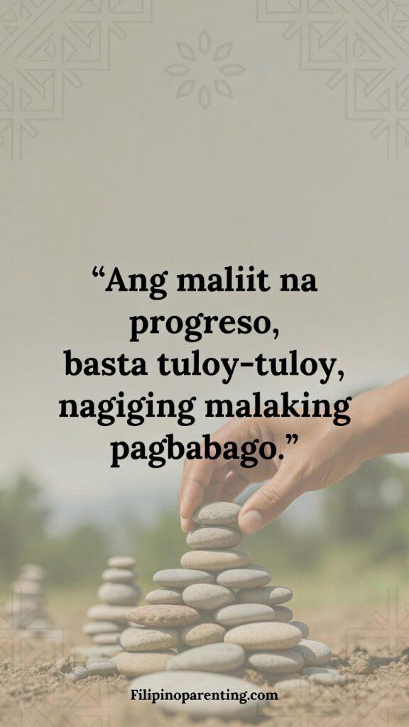 Tagalog Quotes About Determination: 5 Unstoppable Truths for Success A minimalist Filipino-themed image showing small stones being placed one by one, with a Tagalog quote about consistent progress.