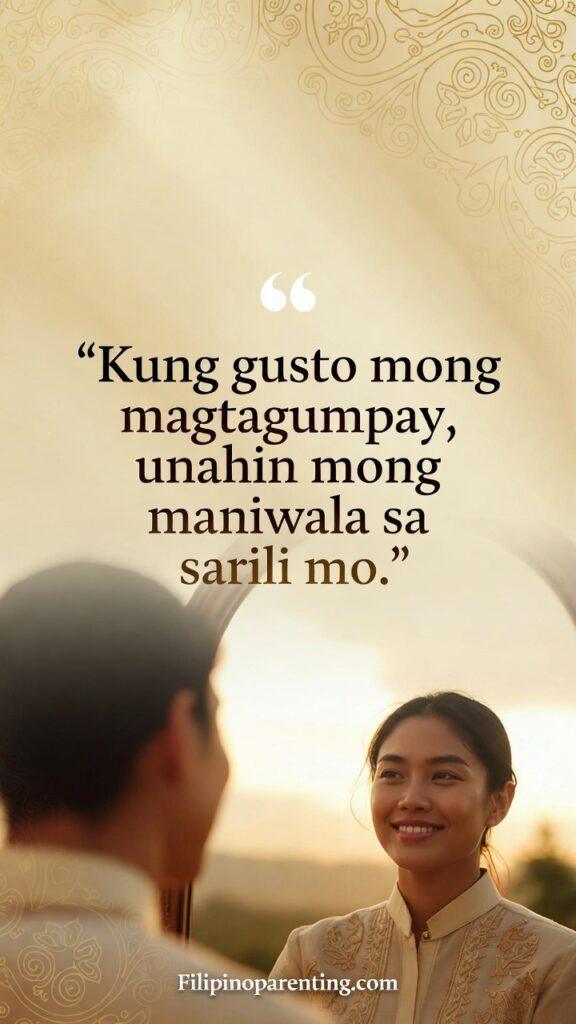 Tagalog Quotes About Determination: 5 Unstoppable Truths for Success A hopeful Filipino-themed image showing someone standing confidently with a Tagalog quote about believing in oneself.