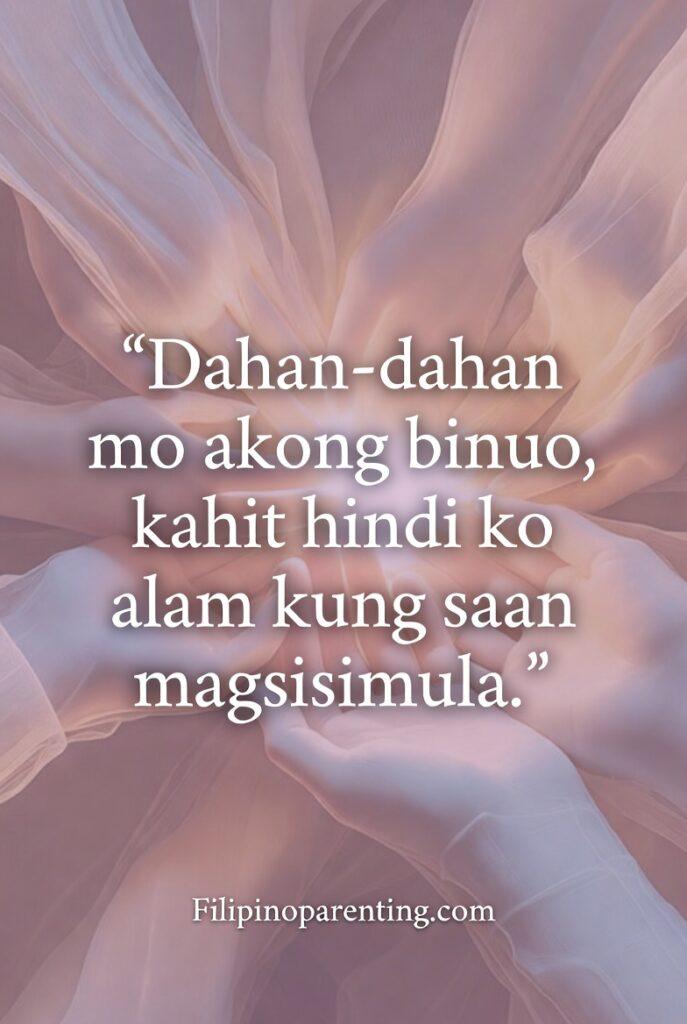 Tagalog Quotes About Love That Heals: 5 Restorative Truths for the Soul Vertical soft pastel artwork showing a Tagalog quote about being slowly rebuilt with patience.