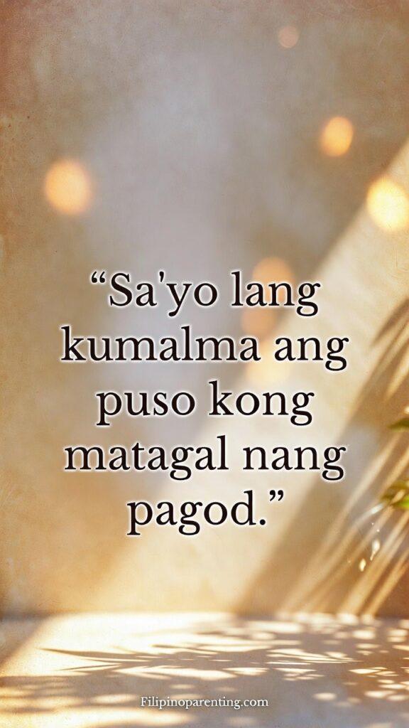 Tagalog Quotes About Pure Love: 5 Enchanting Expressions of the Heart A warm, calming vertical artwork with a Tagalog quote about finding peace in love.