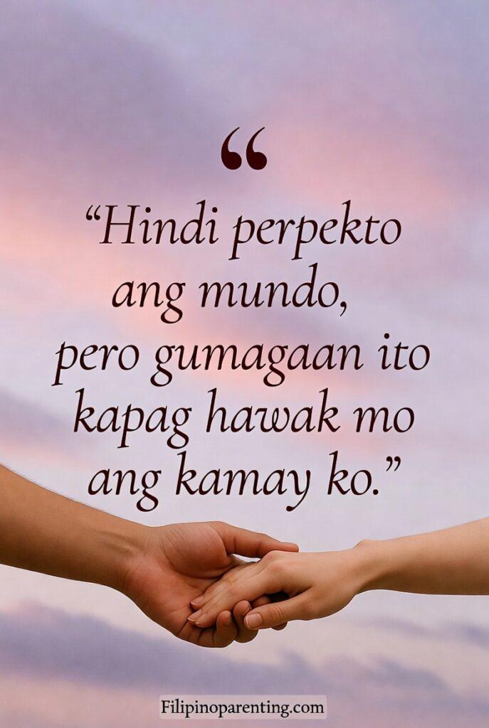 Tagalog Quotes About Pure Love: 5 Enchanting Expressions of the Heart A vertical artwork with a Tagalog quote about the world feeling lighter when holding a loved one’s hand.