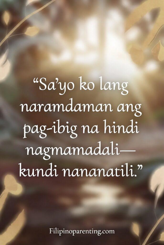 Tagalog Quotes About Pure Love: 5 Enchanting Expressions of the Heart A vertical artwork with a Tagalog quote about patient, enduring love.