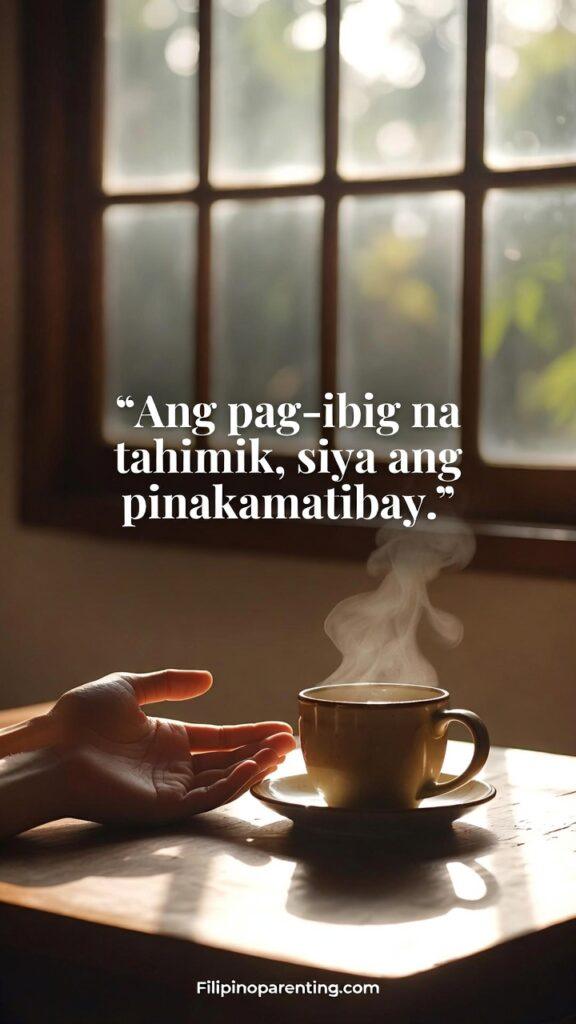 Tagalog Quotes About Silent Love: 5 Unshakeable Truths of the Heart A warm, quiet Filipino-inspired scene with soft light and the quote “Ang pag-ibig na tahimik, siya ang pinakamatibay.”