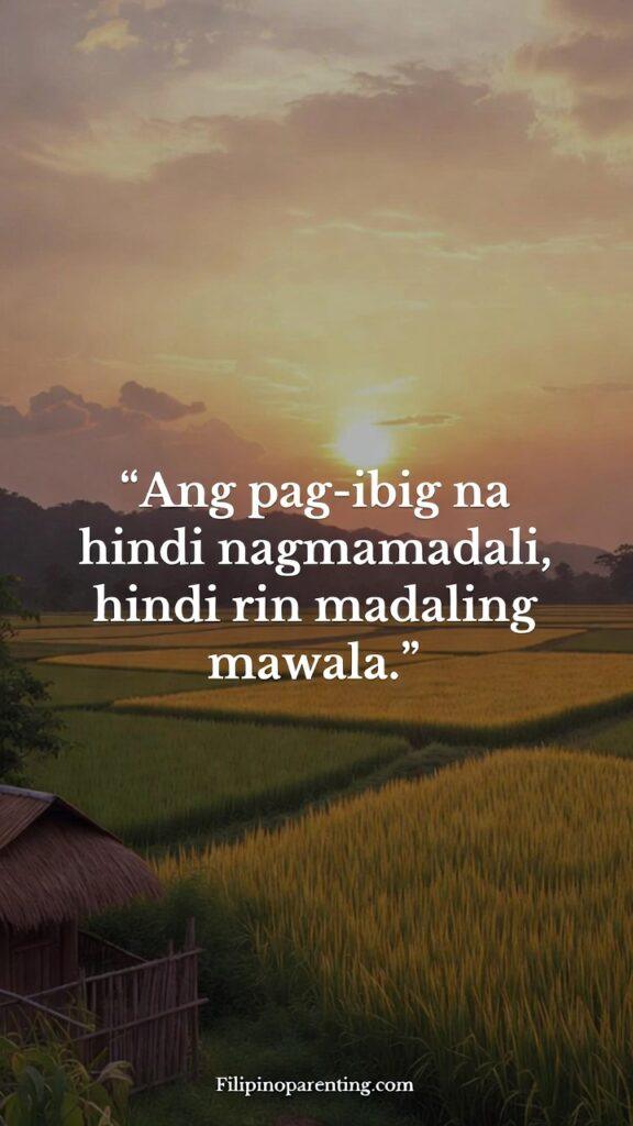 Tagalog Quotes About Silent Love: 5 Unshakeable Truths of the Heart A serene Filipino landscape at sunset with the quote “Ang pag-ibig na hindi nagmamadali, hindi rin madaling mawala.”