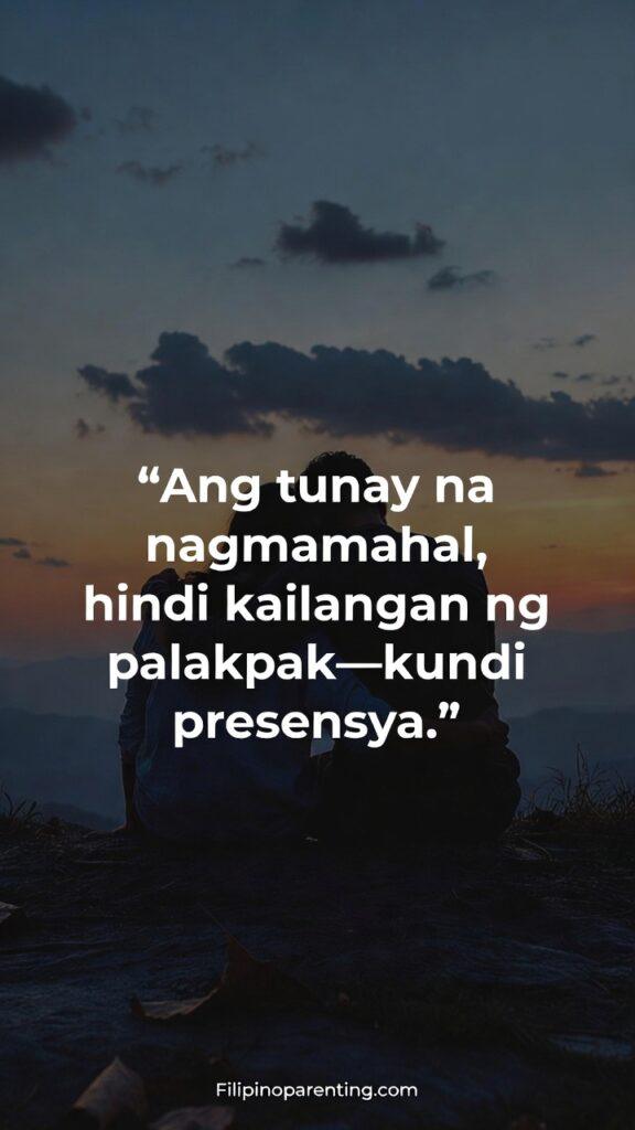 Tagalog Quotes About Silent Love: 5 Unshakeable Truths of the Heart A peaceful Filipino-inspired scene of two people together with the quote “Ang tunay na nagmamahal, hindi kailangan ng palakpak—kundi presensya.”