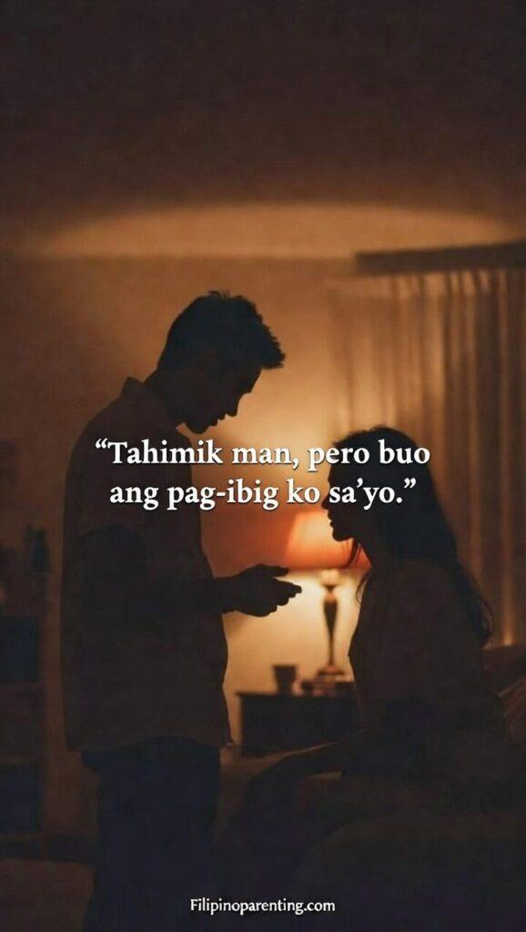 Tagalog Quotes About Silent Love: 5 Unshakeable Truths of the Heart A warm, intimate Filipino-themed image with the quote “Tahimik man, pero buo ang pag-ibig ko sa’yo.”