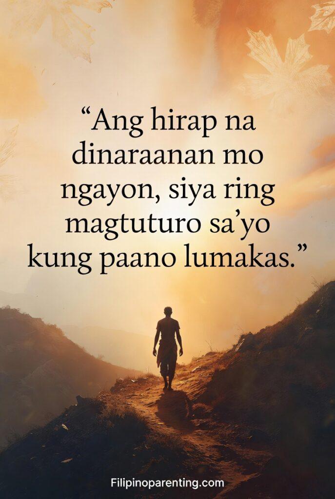 Tagalog Quotes About Struggle: 5 Unbreakable Truths for the Soul A warm sunrise scene of a Filipino figure walking uphill, symbolizing strength through hardship, with the Tagalog quote displayed.