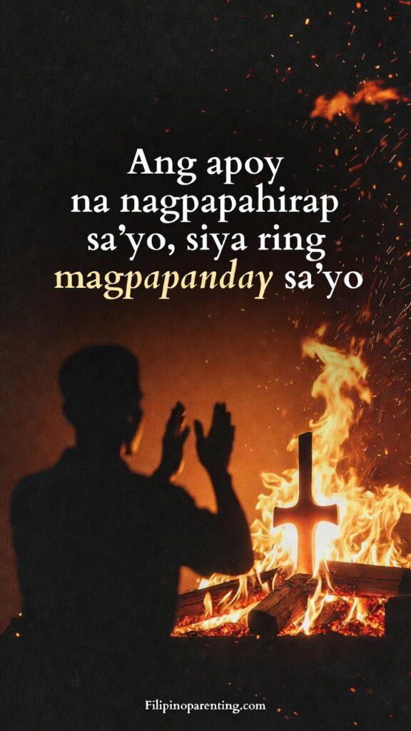Tagalog Quotes About Struggle: 5 Unbreakable Truths for the Soul A symbolic fire-forging scene representing spiritual refinement, with the Tagalog quote displayed.