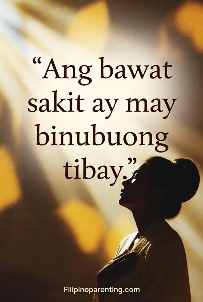 Tagalog Quotes About Struggle: 5 Unbreakable Truths for the Soul A soft healing-themed scene with warm light and a Filipino figure, paired with the Tagalog quote about pain building strength.