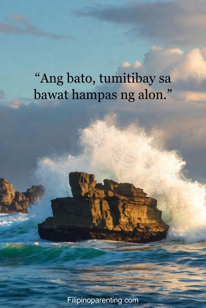 Tagalog Quotes About Struggle: 5 Unbreakable Truths for the Soul A Filipino shoreline with waves striking a rock, symbolizing resilience, with the Tagalog quote included.