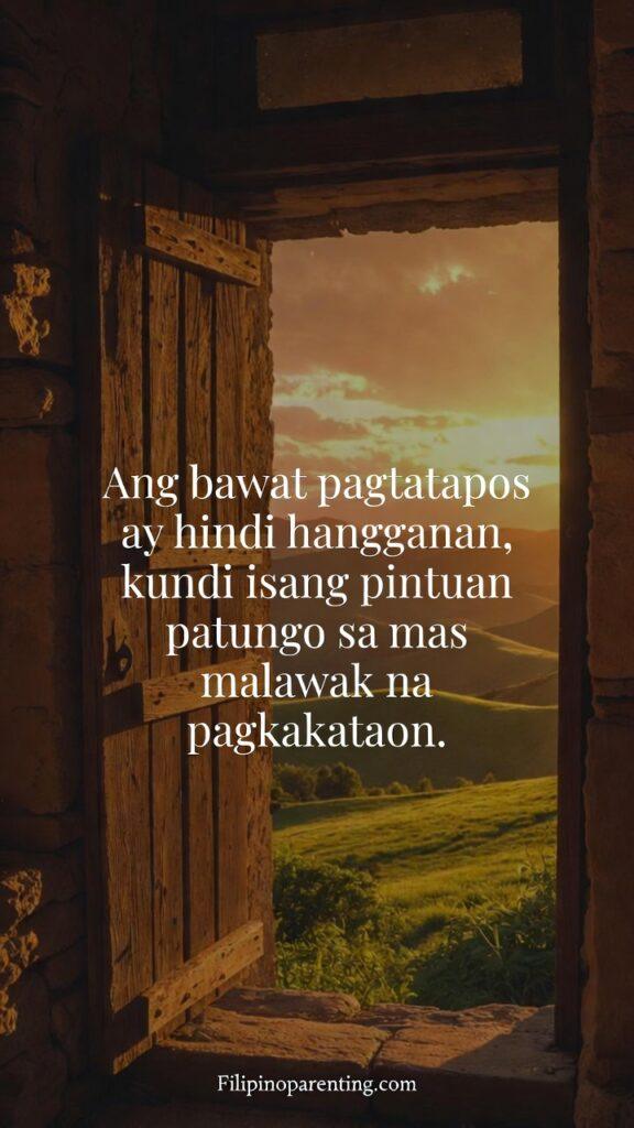 Tagalog Quotes Embracing New Chapters Beginnings: 5 Bold Truths for Starting Over Graphic showing a lit doorway opening up to a wide, beautiful landscape, featuring a Tagalog quote about endings being new beginnings.