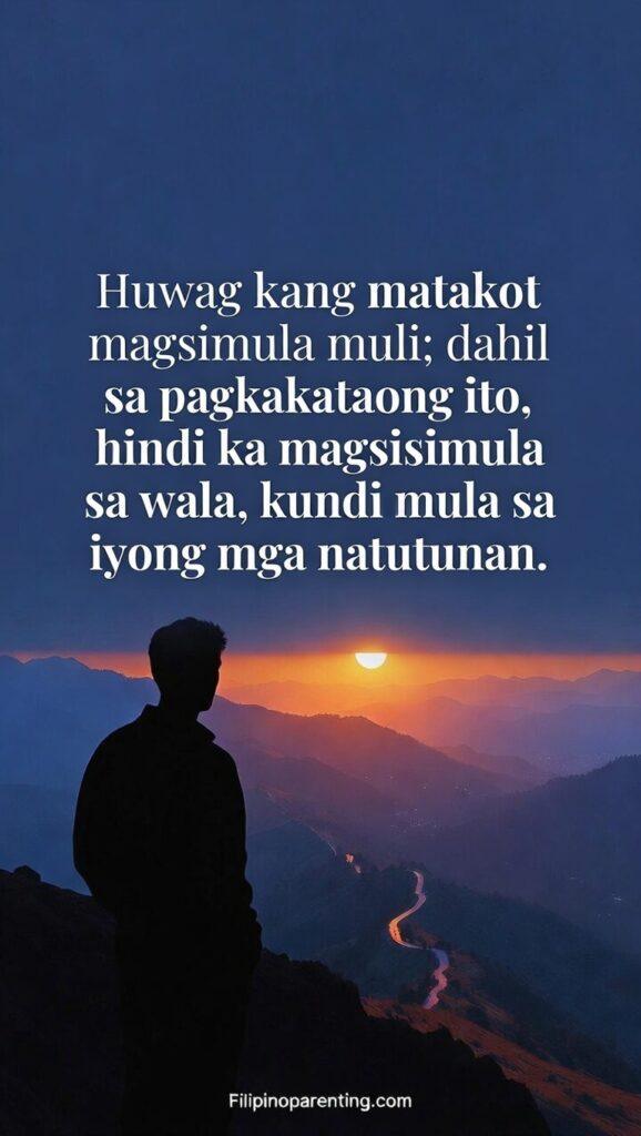 Tagalog Quotes Embracing New Chapters Beginnings: 5 Bold Truths for Starting Over An inspirational graphic of a hiker looking at a winding path, featuring a Tagalog quote about starting over with wisdom, not from scratch.