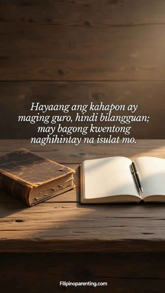 Tagalog Quotes Embracing New Chapters Beginnings: 5 Bold Truths for Starting Over A graphic design showing an old, closed leather journal next to a new, blank one, with a Tagalog quote about letting the past be a teacher.