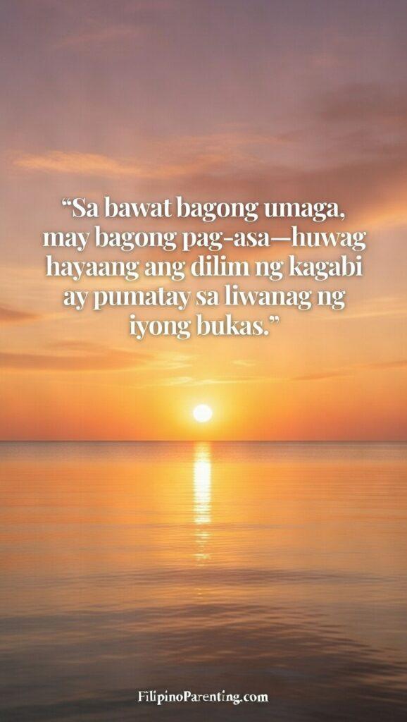 Tagalog Quotes Embracing New Chapters Beginnings: 5 Bold Truths for Starting Over A bright graphic of a sunrise over a calm sea, featuring a Tagalog quote about not letting yesterday's darkness ruin today's light.