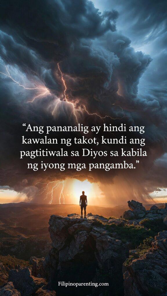 Tagalog Quotes Faith Strengthen Your Soul: 5 Unshakeable Truths A serene person standing on a mountain peak looking at a distant storm, with Tagalog text overlay.