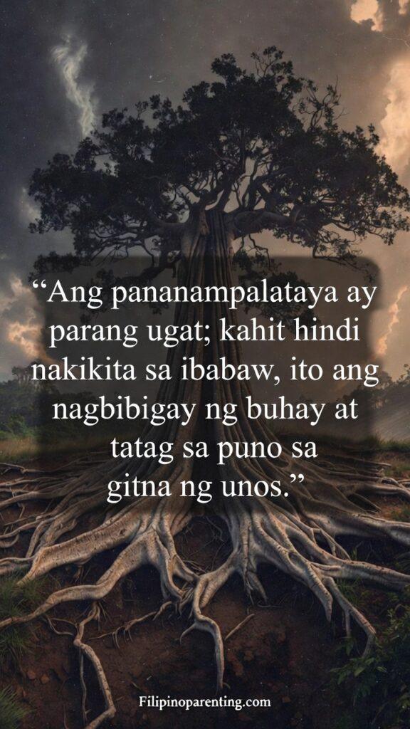 Tagalog Quotes Faith Strengthen Your Soul: 5 Unshakeable Truths A massive, ancient Balete-style tree with deep roots visible, standing strong against a windy blue background.