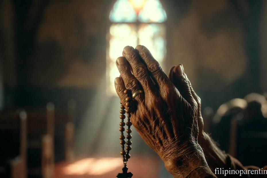 Weathered hands in prayer representing Tagalog Quotes Faith Strengthen Your Soul.