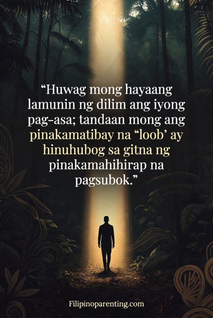 Tagalog Quotes Finding Courage Hard Days: 5 Unstoppable Truths A person walking toward a beam of light in a dark forest, symbolizing hope and inner strength.
