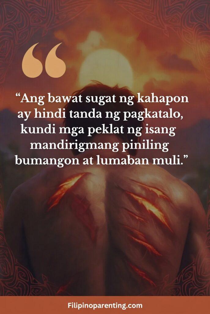 Tagalog Quotes Finding Courage Hard Days: 5 Unstoppable Truths Symbolic glowing healed scars on a warrior’s back, representing resilience.