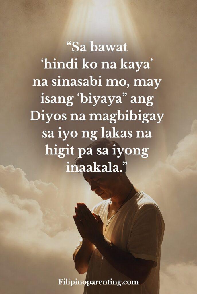 Tagalog Quotes Finding Courage Hard Days: 5 Unstoppable Truths A person praying while soft heavenly light shines down, symbolizing divine strength.