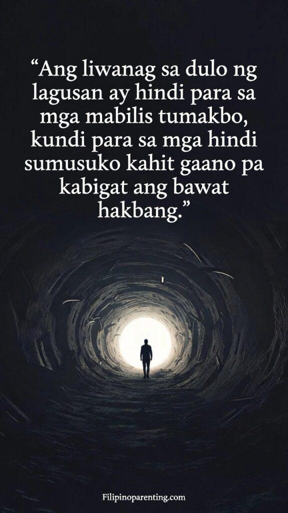 Tagalog Quotes Finding Courage Hard Days: 5 Unstoppable Truths A person walking through a long tunnel toward a glowing light, symbolizing perseverance.