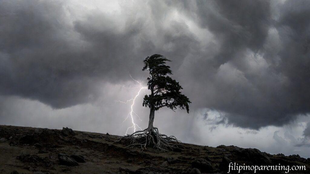 Tagalog Quotes Finding Courage Hard Days: 5 Unstoppable Truths A Narra tree in a storm representing Tagalog Quotes Finding Courage Hard Days.