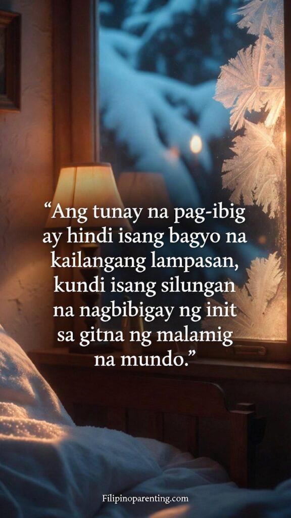 Tagalog Quotes Finding Sanctuary Love Rest: 5 Sacred Truths A warm, glowing cottage interior with a window looking out at a snowy landscape, featuring a Tagalog quote about love being a shelter.