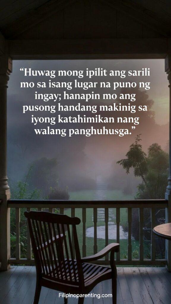 Tagalog Quotes Finding Sanctuary Love Rest: 5 Sacred Truths A person sitting peacefully on a porch overlooking a quiet forest or garden at dusk