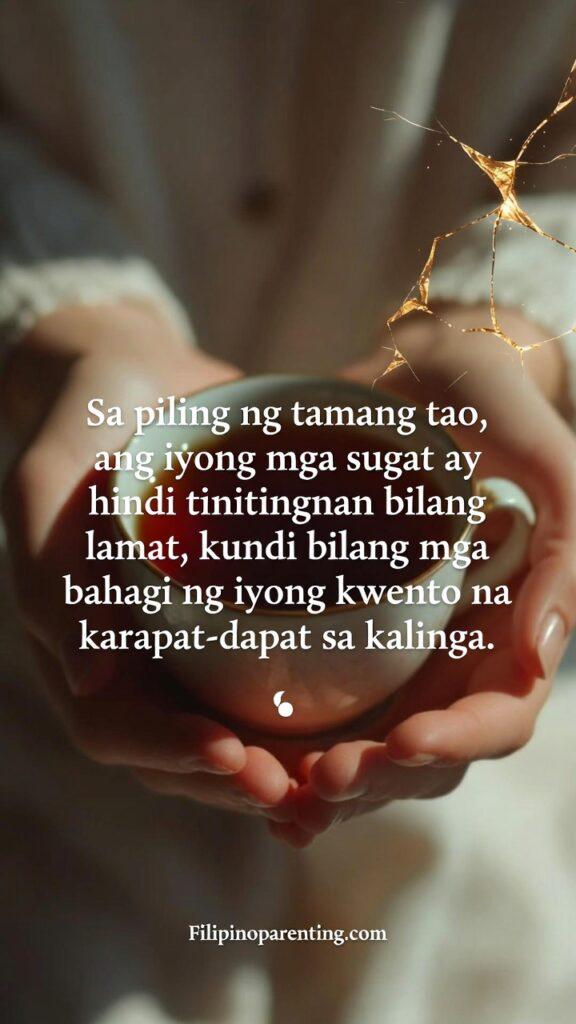 Tagalog Quotes Finding Sanctuary Love Rest: 5 Sacred Truths An artistic shot of a repaired ceramic vase (Kintsugi style) or a hand gently touching a scarred but beautiful surface.