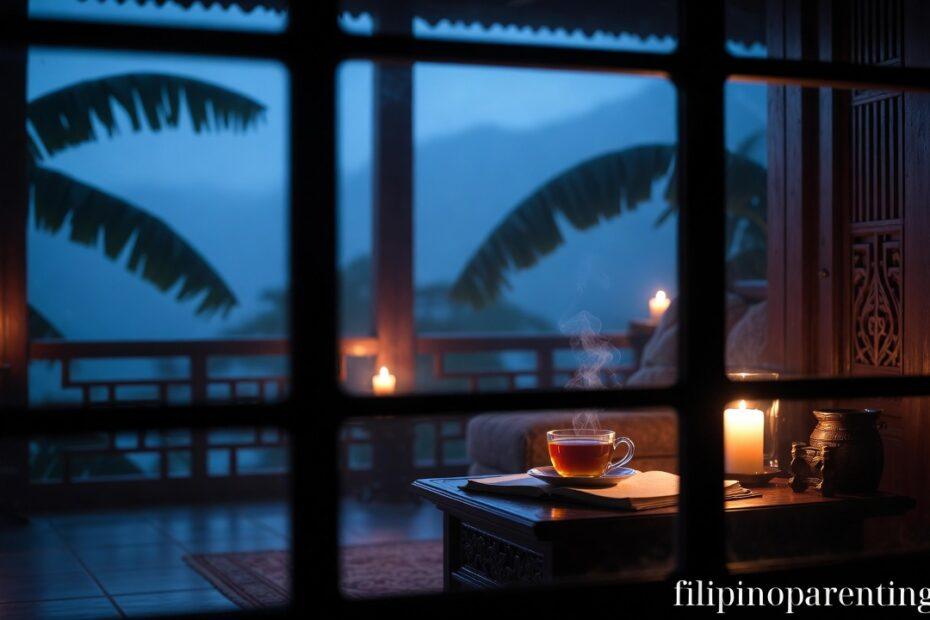 A candle-lit room at twilight representing Tagalog Quotes Finding Sanctuary Love Rest.