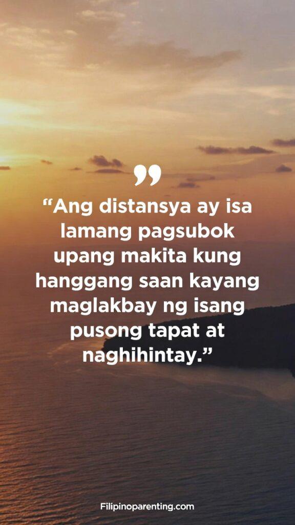 Tagalog Quotes Longing Absence Missing Someone: 5 Unforgettable Truths A warm, peaceful vertical artwork showing a distant horizon symbolizing faith and longing, with the Tagalog quote about distance and a faithful heart.