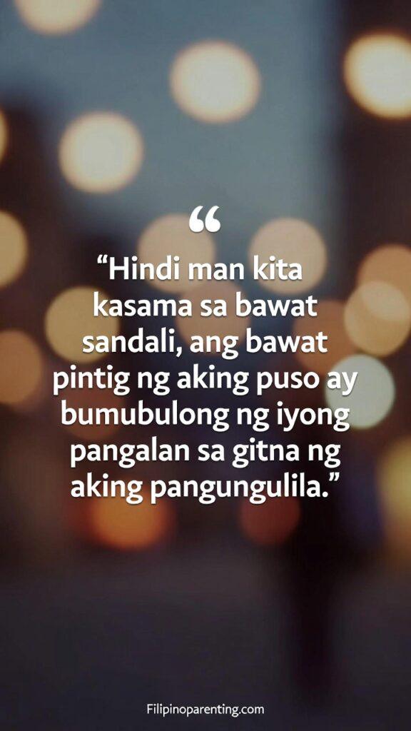 Tagalog Quotes Longing Absence Missing Someone: 5 Unforgettable Truths A warm, emotional vertical artwork with soft lights symbolizing longing, featuring a Tagalog quote about the heart whispering a loved one’s name.