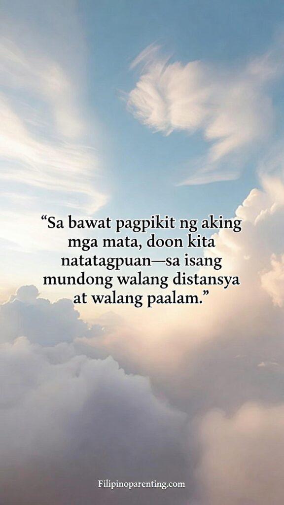 Tagalog Quotes Longing Absence Missing Someone: 5 Unforgettable Truths A dreamy vertical artwork showing a peaceful imagined world without distance, featuring a Tagalog quote about finding someone in silence.