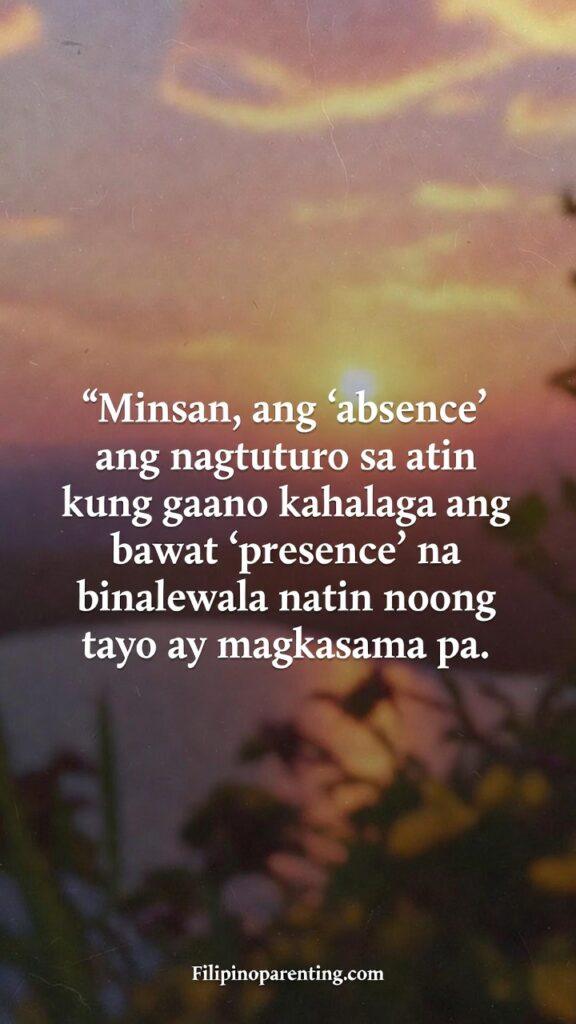 Tagalog Quotes Longing Absence Missing Someone: 5 Unforgettable Truths A nostalgic vertical artwork showing the emotional lesson of absence, with a Tagalog quote about valuing presence.