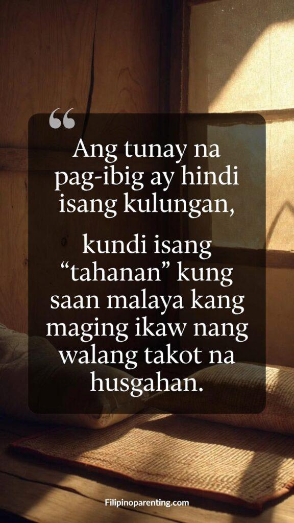 Tagalog Quotes Love as Sanctuary Connection: 5 Infinite Truths A warm Filipino-inspired sanctuary scene with soft golden light and a Tagalog quote about true love as a safe home.