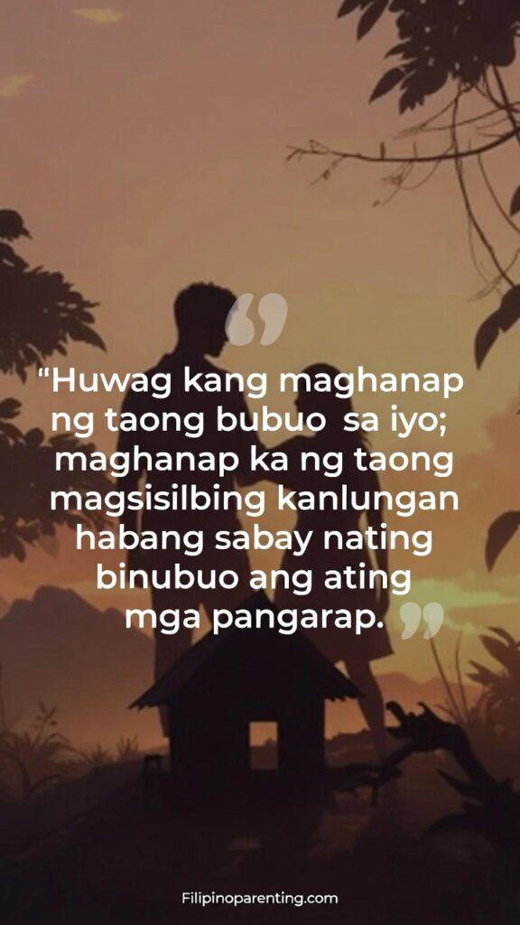 Tagalog Quotes Love as Sanctuary Connection: 5 Infinite Truths A serene sunrise scene of two people symbolically building dreams together with a Tagalog quote about partnership.