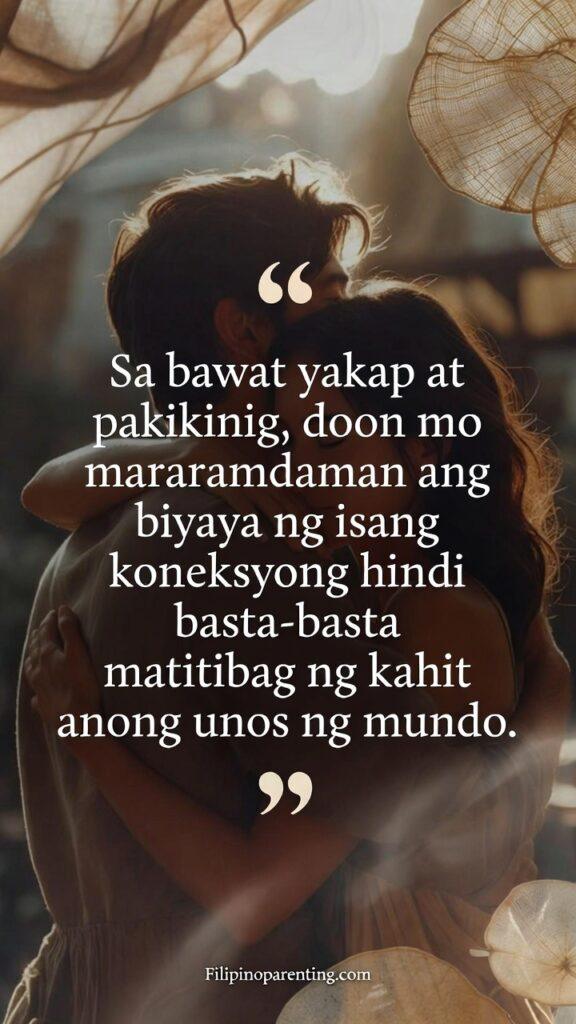 Tagalog Quotes Love as Sanctuary Connection: 5 Infinite Truths A warm, comforting embrace with soft light and a Tagalog quote about the grace of deep emotional connection.