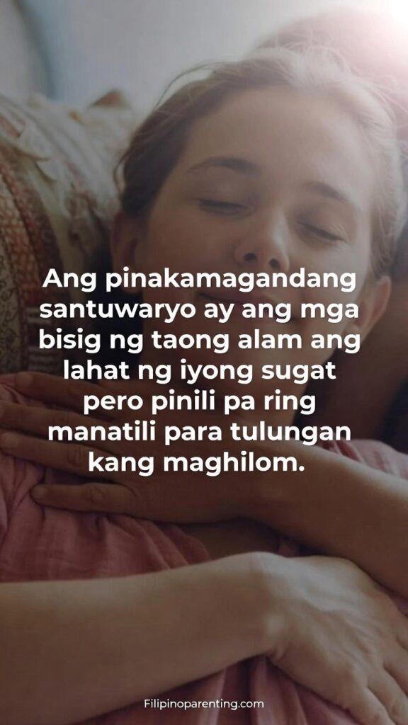 Tagalog Quotes Love as Sanctuary Connection: 5 Infinite Truths A healing embrace with soft tones and a Tagalog quote about love as a sanctuary for wounds.