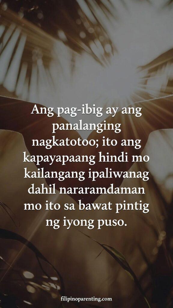 Tagalog Quotes Love as Sanctuary Connection: 5 Infinite Truths A peaceful, glowing scene with intertwined hands and a Tagalog quote about love as a prayer fulfilled.