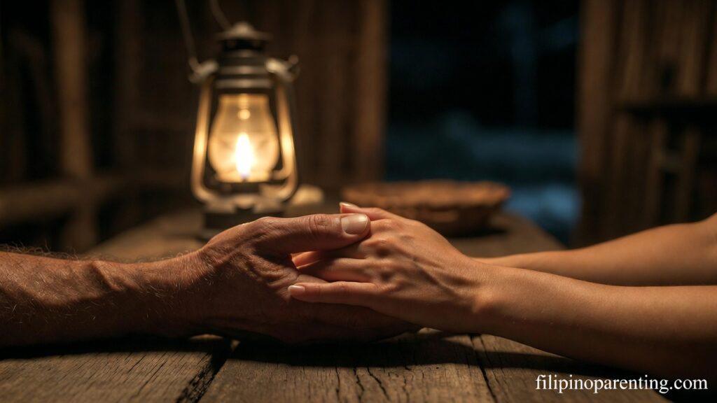 Tagalog Quotes Love as Sanctuary Connection: 5 Infinite Truths Interlaced hands by lamplight representing Tagalog Quotes Love as Sanctuary Connection.